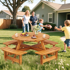 Ensemble Table de Pique-Nique en Bois pour 2 à 8 Personnes Set Table et Banc Circulaire avec 4 Bancs Intégrés Trou de Parasol de 5cm Marron/Jaune -
