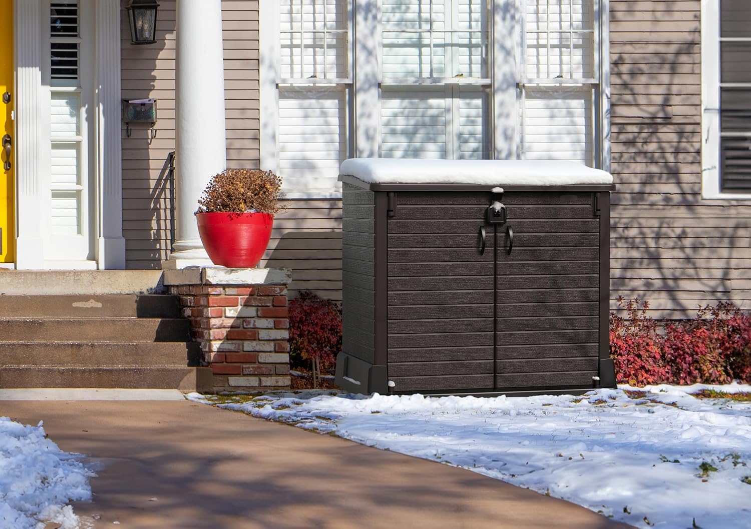 Duramax StoreAway 1200L Plastic Garden Shed/ Flat Lid,Outdoor Storage Shed,Wheelie Bin Hideaways,Wheelie bin box,Durable Construction,Ideal for Bikes,BBQs & 2x 240L Bins,145x85x125 cm,Brown