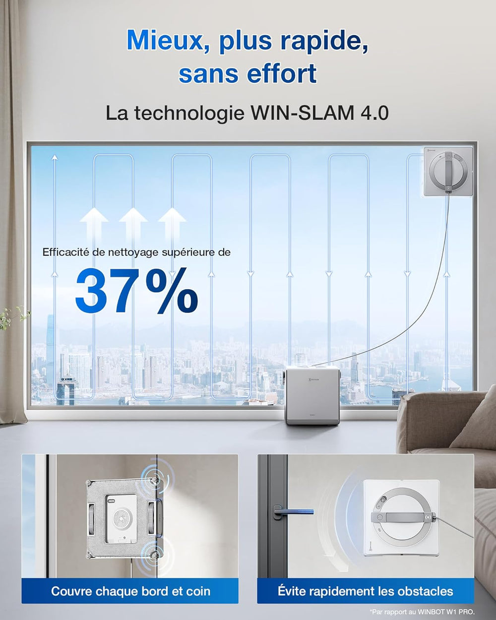 ECOVACS WINBOT W2 Pro Omni Robot Nettoyeur de vitres avec Station Multifonction, se Recharge Pendant Le Fonctionnement, buse à Triple Embout, système de Protection à 12 Niveaux