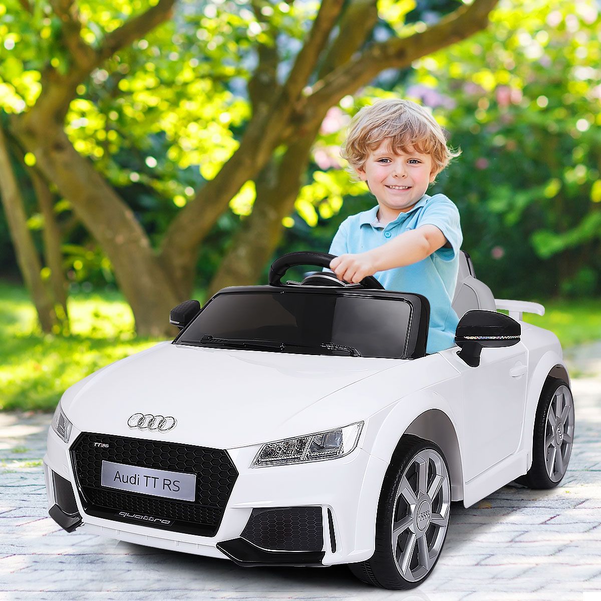 Voiture TTRS Electrique pour Enfants 12V Max. 5 Km/h Double Porte avec Tlcommande 2.4G Blanc/Rouge -