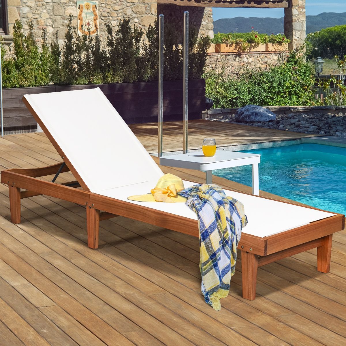 Chaise Longue de Jardin Dossier Inclinable en Bois d'Eucalyptus Tissu Respirant pour Patio Véranda Piscine Charge 180KG -