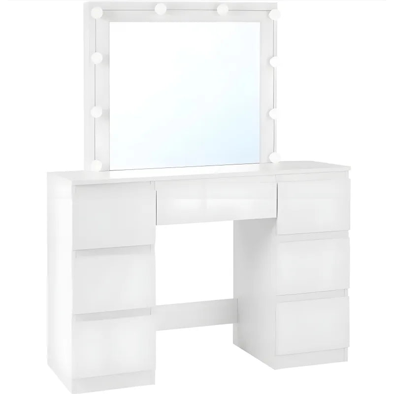 Coiffeuse Blanche avec Miroir LED - 7 Tiroirs -