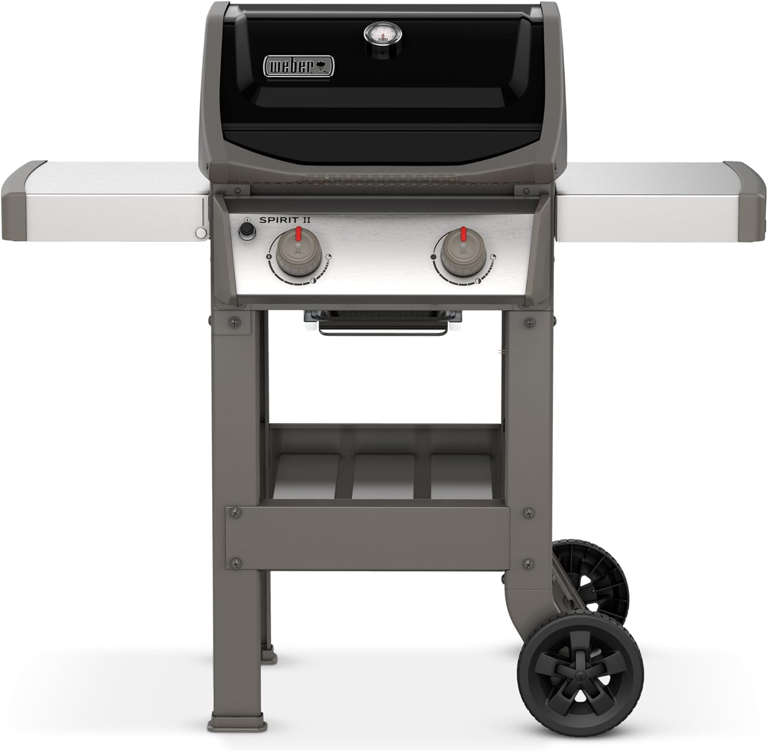 Spirit II E-210 GBS Barbecue à Gaz,2 Brûleurs,Surface de Cuisson 51 x 46 cm,Thermomètre de Couvercle,Table d'Appoint Rabattable (Gauche),4 Roues - Noir et Argent (44010153)