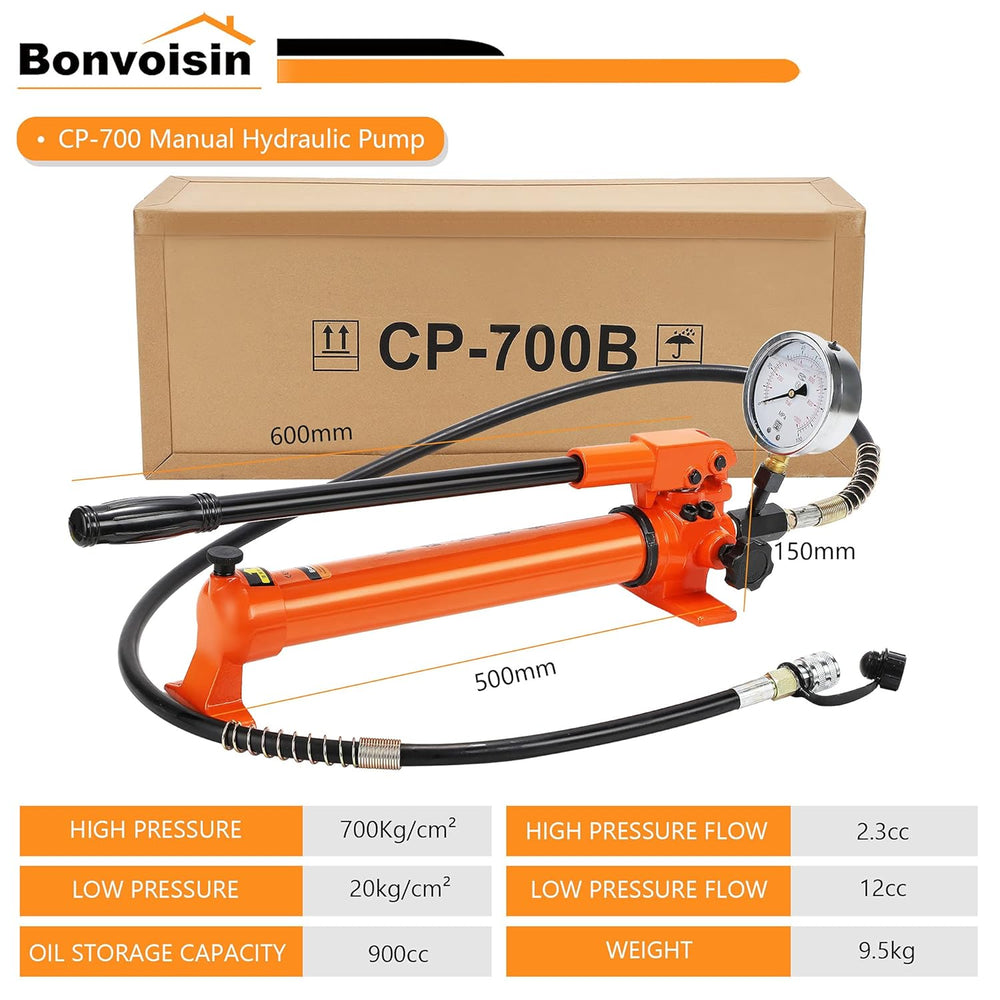 Bonvoisin CP-700 Pompe Hydraulique Manuelle avec Manomètre Haute Pression 700 kg/cm² Teneur en Huile 900cc pour des Outils Hydrauliques