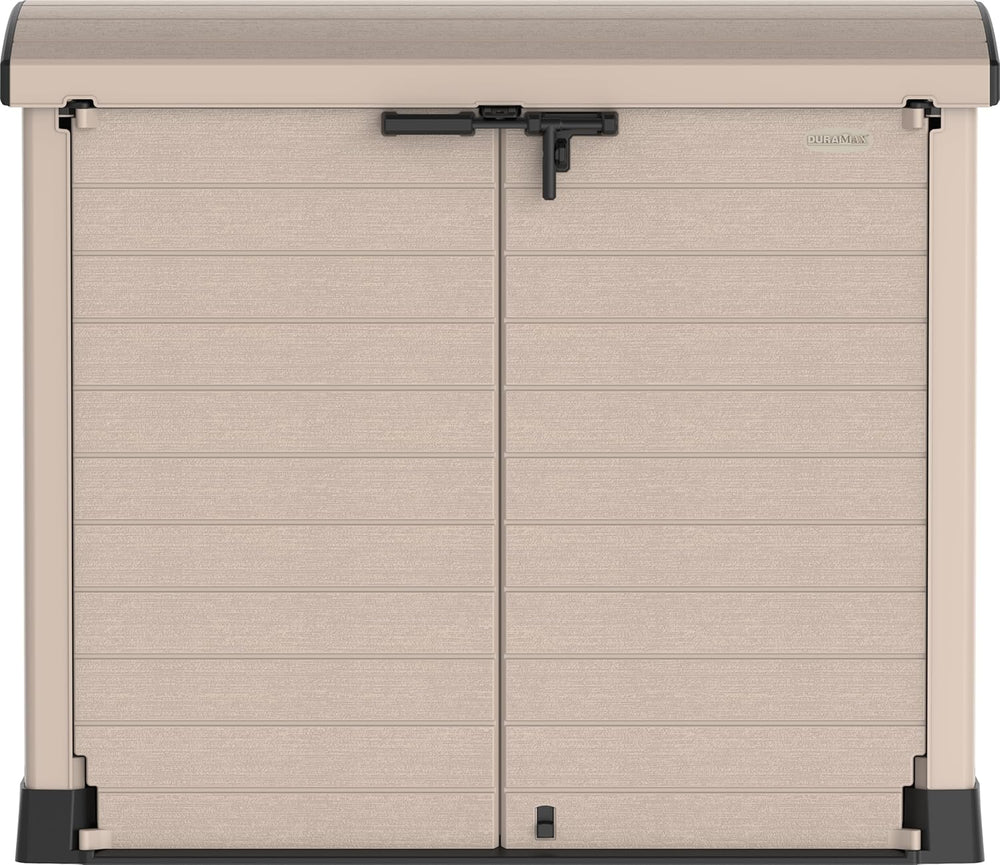 Duramax StoreAway 1200L Plastic Garden Shed/ Flat Lid,Outdoor Storage Shed,Wheelie Bin Hideaways,Wheelie bin box,Durable Construction,Ideal for Bikes,BBQs & 2x 240L Bins,145x85x125 cm,Brown