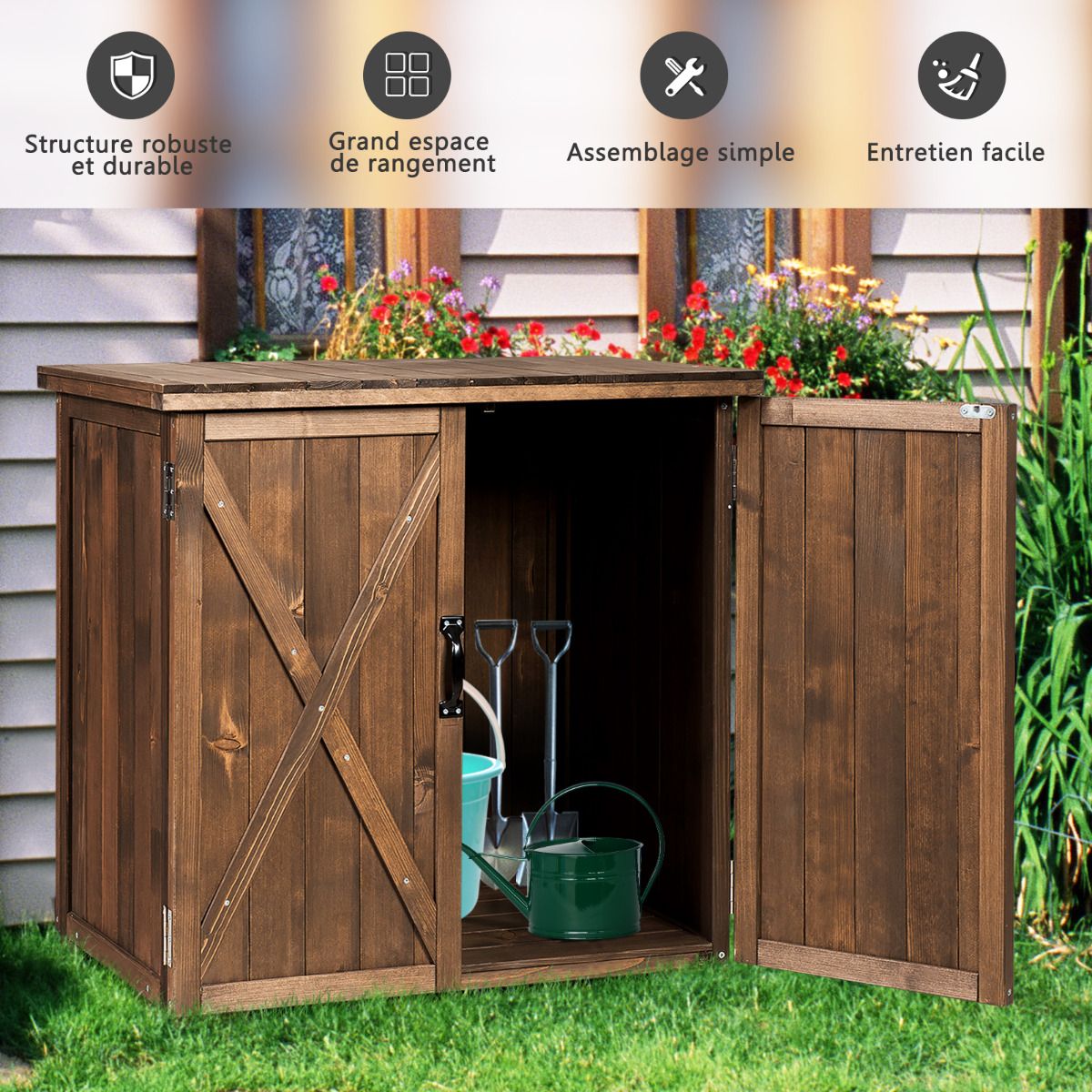 Armoire de Jardin Exterieur en Bois 77,5 x 56 x 72 cm Abri à Outils avec Double Portes Marron -