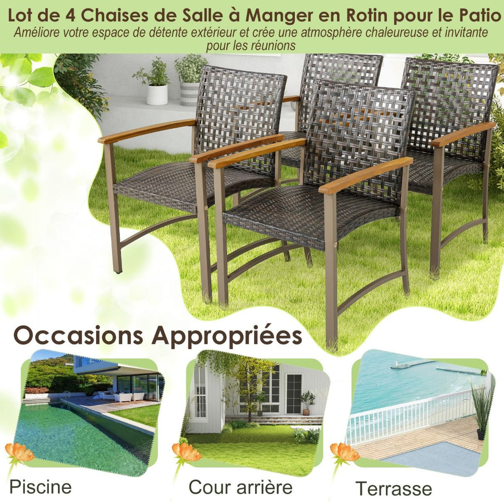 Ensemble de 4 Chaises en Rotin pour l'Extérieur Chaises avec Accoudoirs en Bois d'Acacia Structure Métallique Robuste Chaises Ergonomiques -