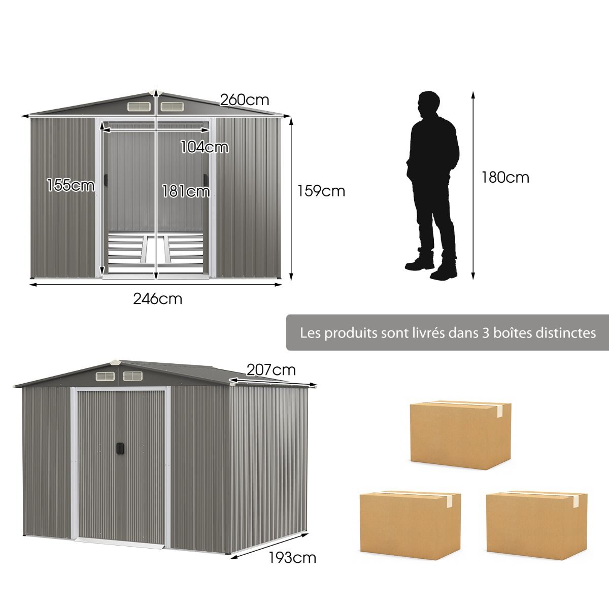 Abri de Jardin Métal Extérieur 9.74m³ Acier Galvanisé avec Fondation 4 Persiennes Double Porte et Rampe 260 x 207 x 181 cm Gris Foncé/Gris Clair -