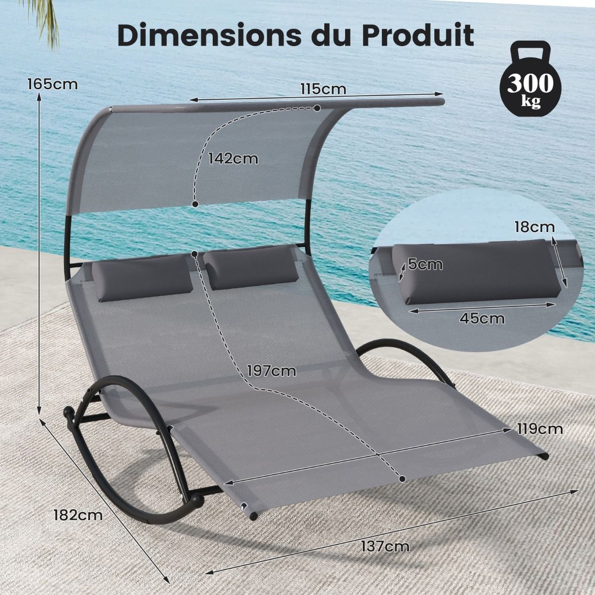 Chaise Longue Double Chaise à Bascule pour 2 Personnes 2 Appui-Têtes Amovibles Cadre en Métal Robuste Lit de Repos Ergonomique 2 Places Gris/Noir/Beige -