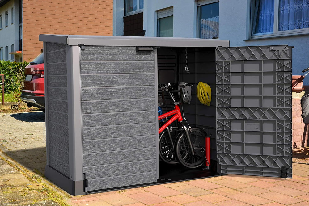 Duramax StoreAway 1200L Plastic Garden Shed/ Flat Lid,Outdoor Storage Shed,Wheelie Bin Hideaways,Wheelie bin box,Durable Construction,Ideal for Bikes,BBQs & 2x 240L Bins,145x85x125 cm,Brown