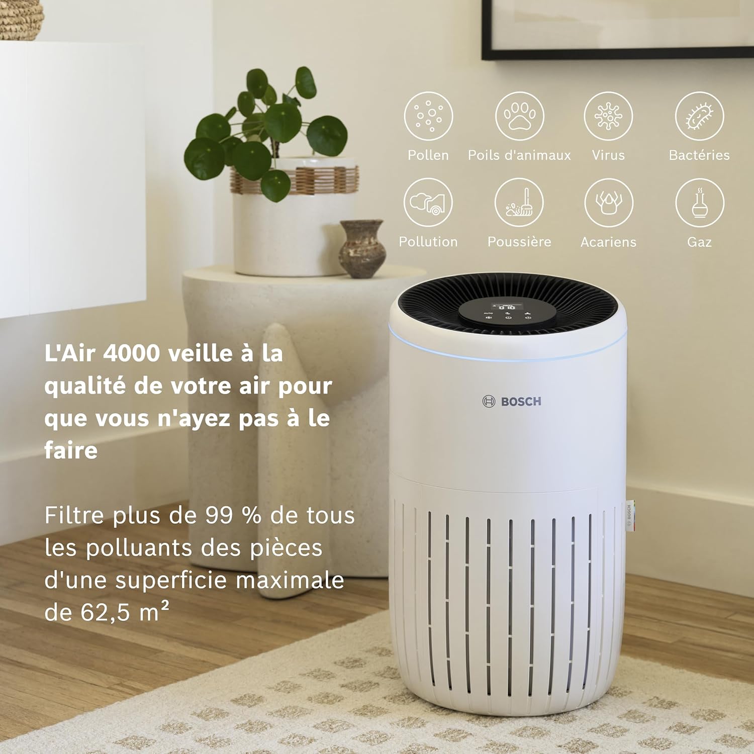 Bosch Air 4000 - Purificateur d'air - Pour les pièces jusqu'à 62,5 m² - Filtre efficacement plus de 99% des polluants - Un capteur intelligent, modes auto et silence (< 25 dB(A)) - CADR : 300 m³/h