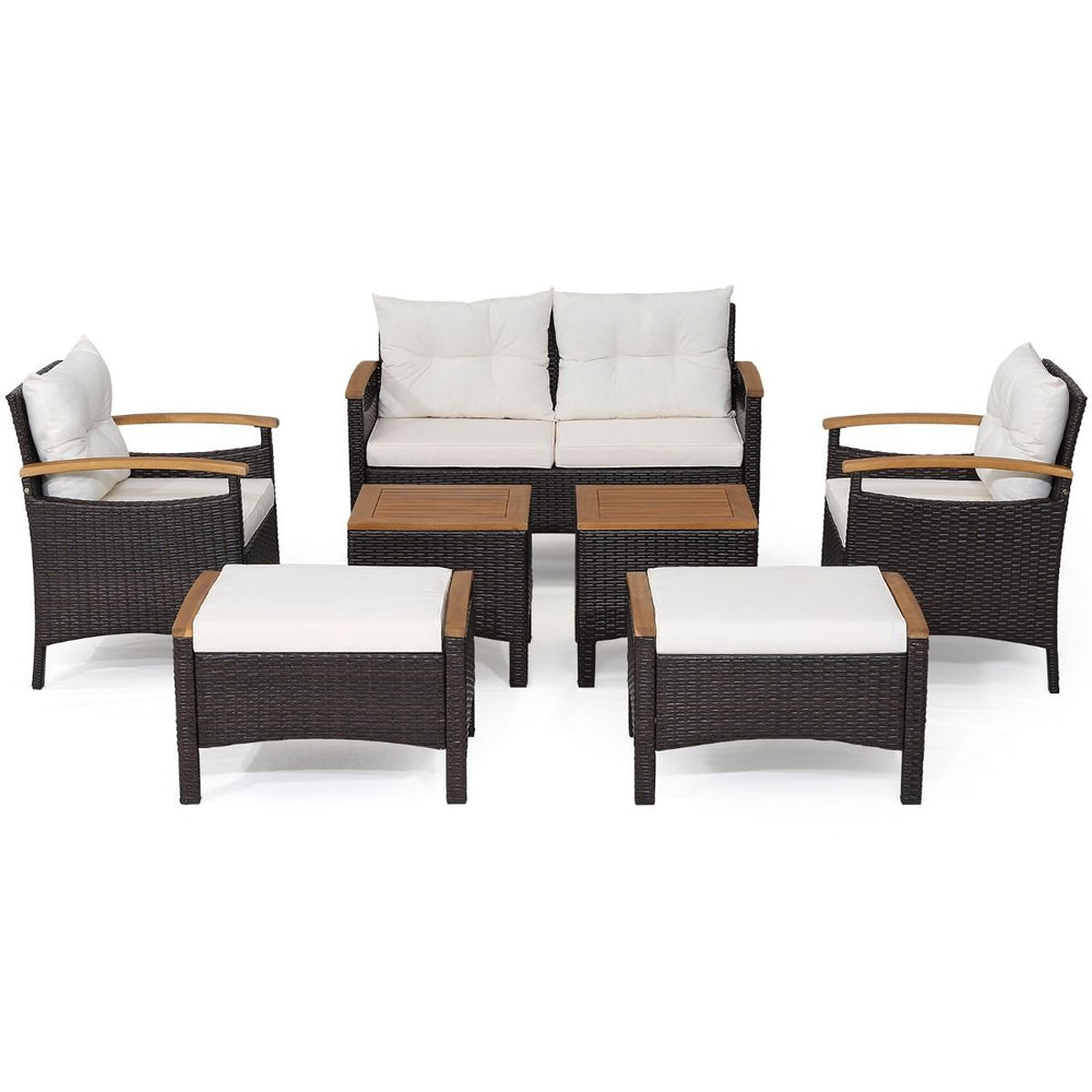 Ensemble de Canaps de Patio en Rotin PE 7 Pices avec Coussins d'Assise et de Dossier 2 Poufs 2 Tables Basses Plateau de Table -