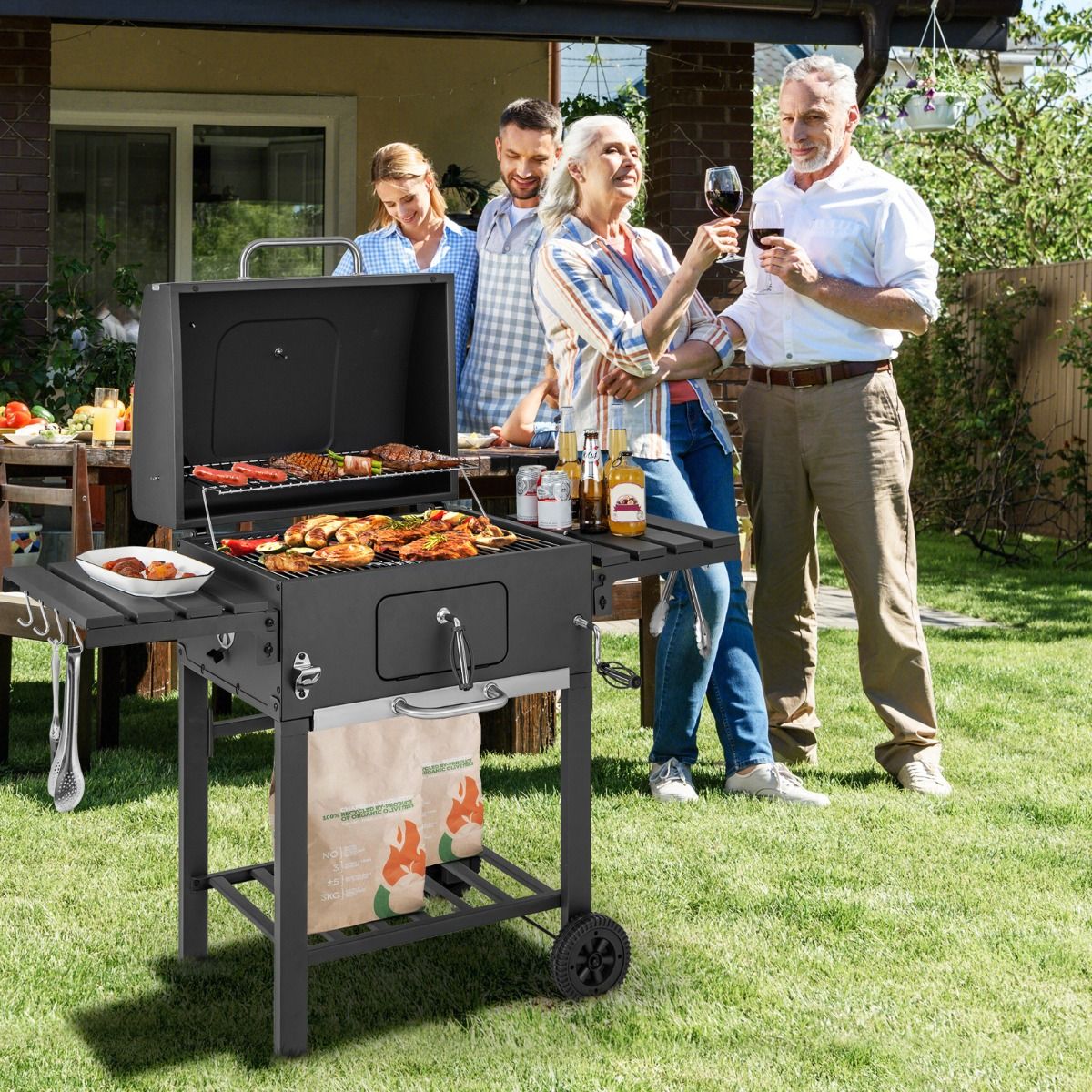 Barbecue  Charbon de Bois Portable avec 2 Tables d'Appoint Noir -