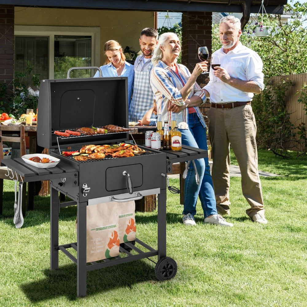Barbecue  Charbon de Bois Portable avec 2 Tables d'Appoint Noir -