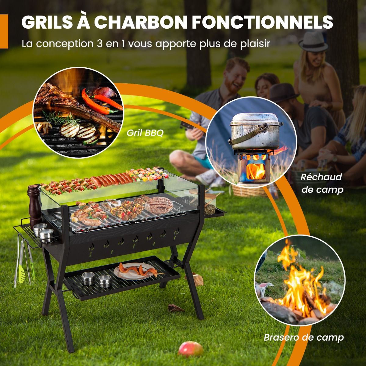 Barbecue  Charbon de Bois Gril au Charbon de Bois en Acier Inoxydable avec Pare-vent Supports d'Assaisonnement tagre de Rangement Marron -