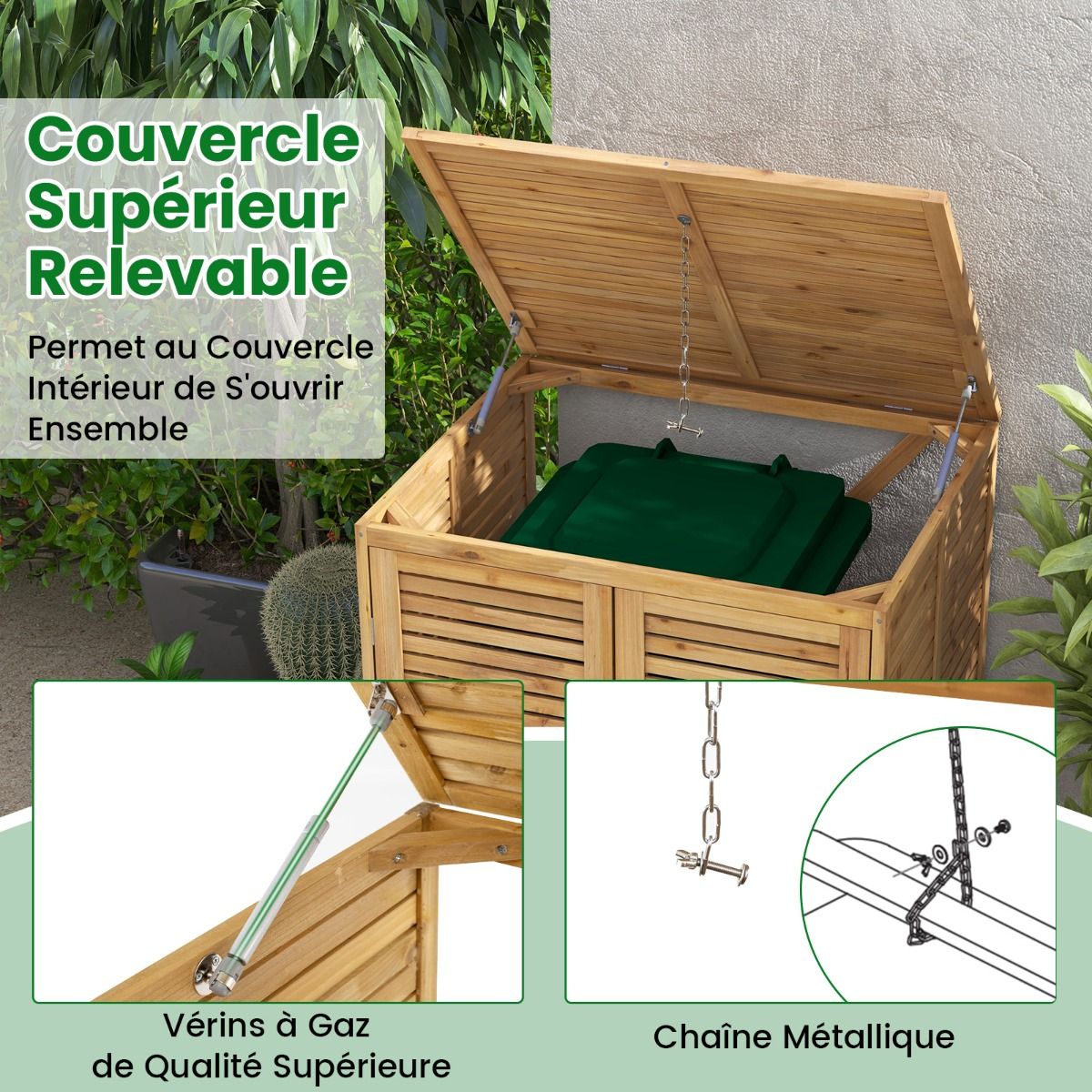 Abri à Poubelle en Bois de 120 L Abri pour Outils d'Extérieur avec Couvercle Ouvrable Doubles Portes Loquet de Verrouillage Naturel -