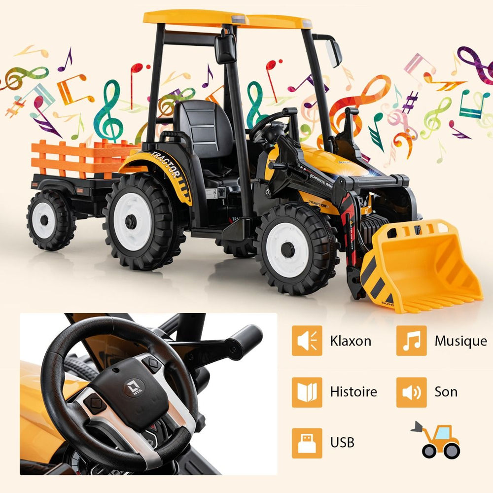 12V Tracteur lectrique Enfants avec Pelle&Remorque Amovible Vhicule lectrique  6 Roues avec Tlcommande & Musique 3-6 km/h pour 3-8 Ans Jaune/Vert -