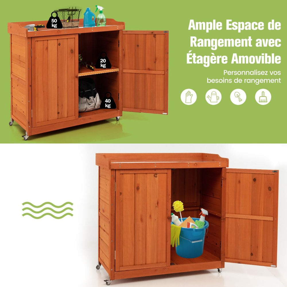 Costwy Rangement de Jardin Armoire en Bois Table de Jardinage avec Etagère Amovible 4 Roues Universelles Plateau en Acier Galvanisé -