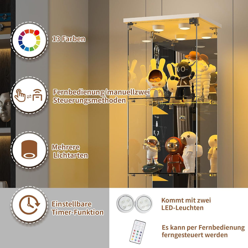 BPKADHY Vitrine sur pied en verre à 4 couches - 1 porte - Lampe LED et serrure avec paroi arrière miroir - Armoire de salon pour objets de collection et livres - Blanc