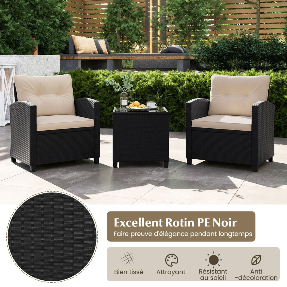 Ensemble de Meubles 3 Pièces de Patio en Rotin Charge 180KG Salon de Jardin 2 Fauteuils Table Basse avec Plateau Noir/Beige/Blanc -