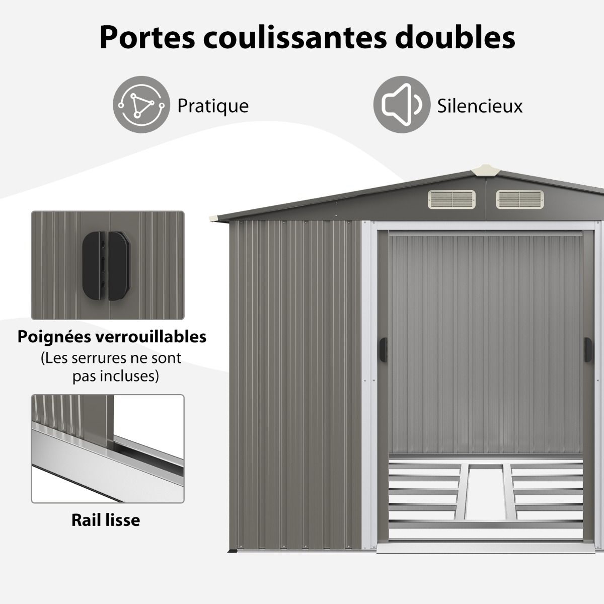 Abri de Jardin Mtal Extrieur 9.74m鲁 Acier Galvanis avec Fondation 4 Persiennes Double Porte et Rampe 260 x 207 x 181 cm Gris Fonc/Gris Clair -