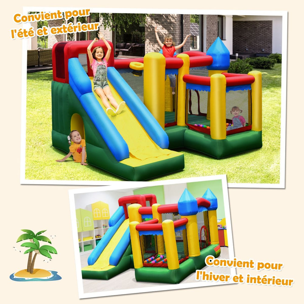 Ch芒teau Gonflable 4 en 1 pour Enfant 3-10 Ans avec Toboggan Aire de Saut Mur d橢scalade Panier de Basketball -