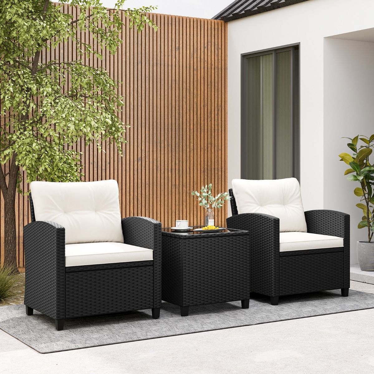 Ensemble de Meubles 3 Pièces de Patio en Rotin Charge 180KG Salon de Jardin 2 Fauteuils Table Basse avec Plateau Noir/Beige/Blanc -