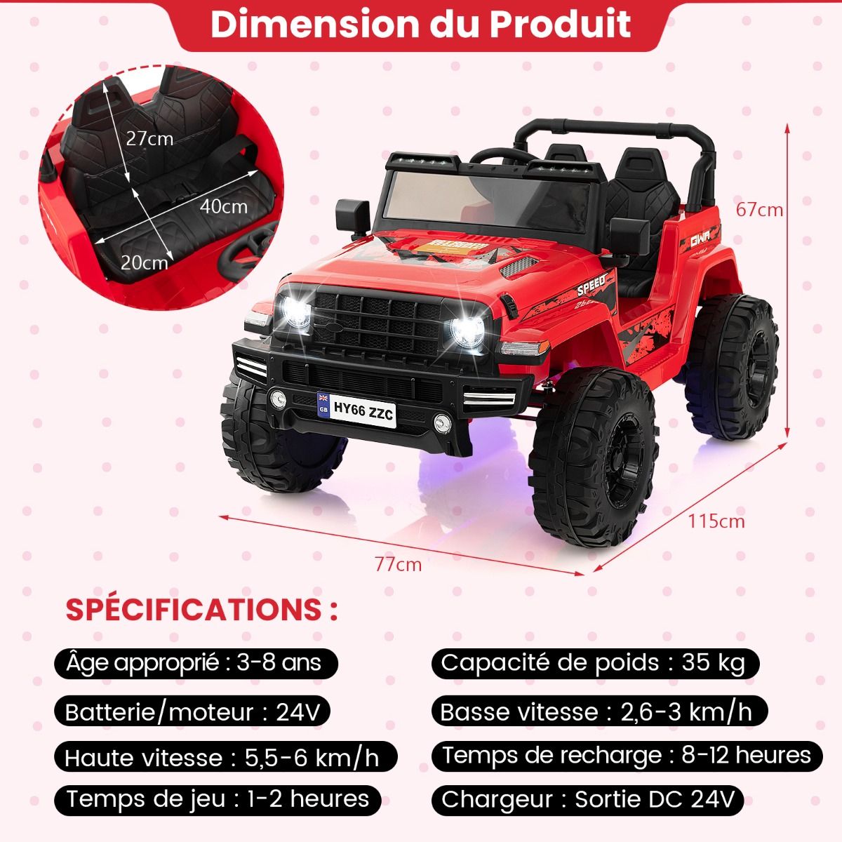 24V Voiture lectrique 2 Places Enfants avec Tlcommande 2,4G Musique LED Dmarrage Lent 2 Vitesses Charge 35kg pour 3-8 Ans+ Rouge/Rose/Vert -