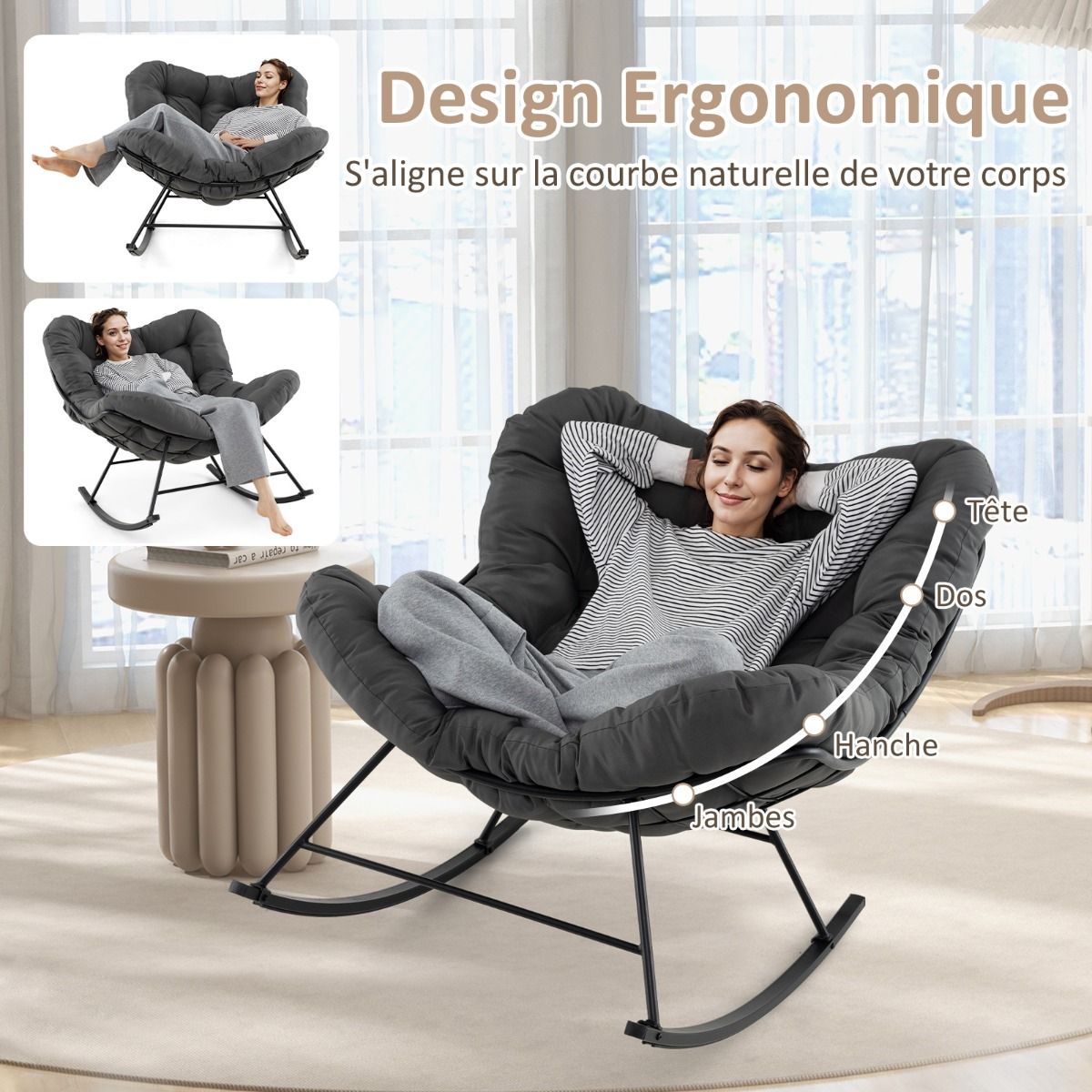 Chaise à Bascule d'Intérieur et d'Extérieur Chaise Papasan Surdimensionnée avec Coussin Rembourré & Cadre en Métal Capacité 205 Kg Gris -