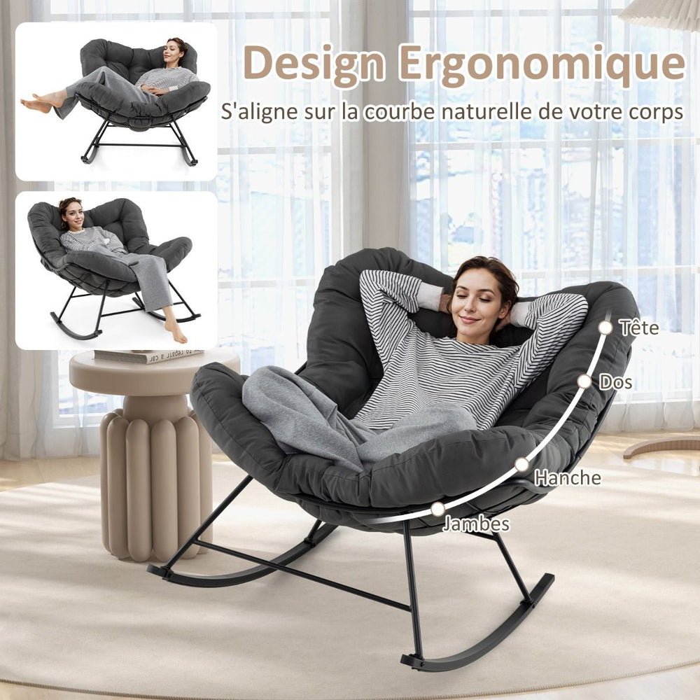 Chaise à Bascule d'Intérieur et d'Extérieur Chaise Papasan Surdimensionnée avec Coussin Rembourré & Cadre en Métal Capacité 205 Kg Gris -