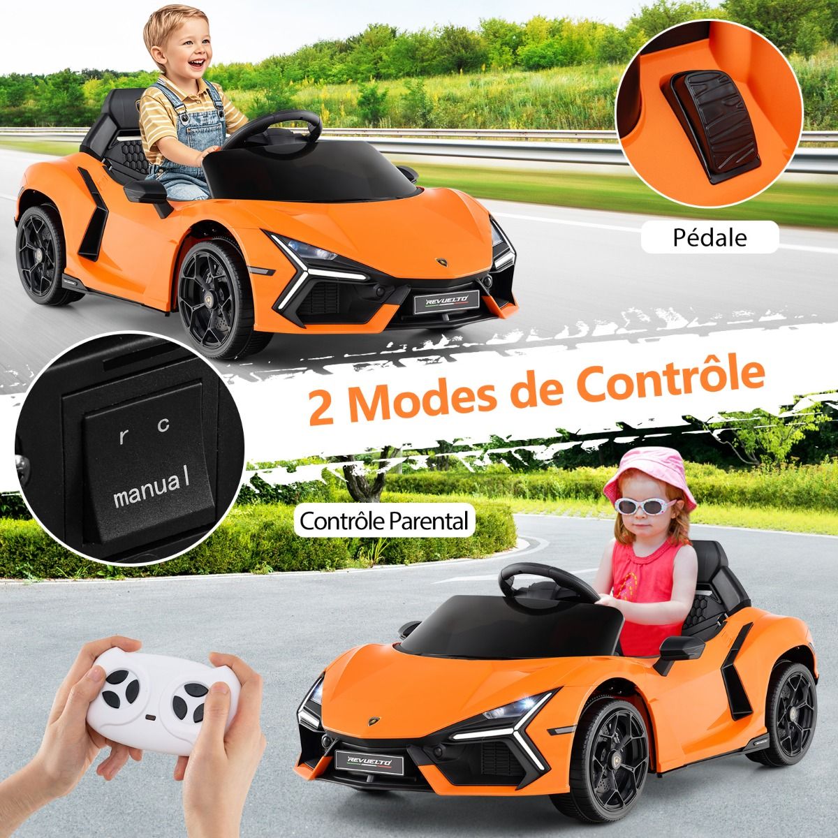 Voiture Electrique 12V pour Enfants Sous Licence Revuelto Télécommande Portes Hydrauliques pour 37-95 Mois Gris/Orange -