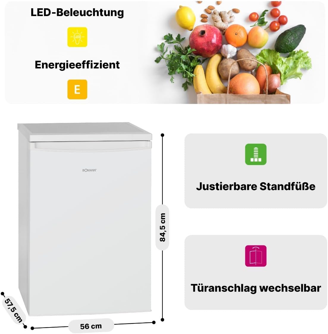 Bomann Réfrigérateur 133L blanc VS2185-1-blanc, Capacité nette : 133 litres, Éclairage intérieur à DEL, Contrôle de la température en continu, 3 clayettes en verre
