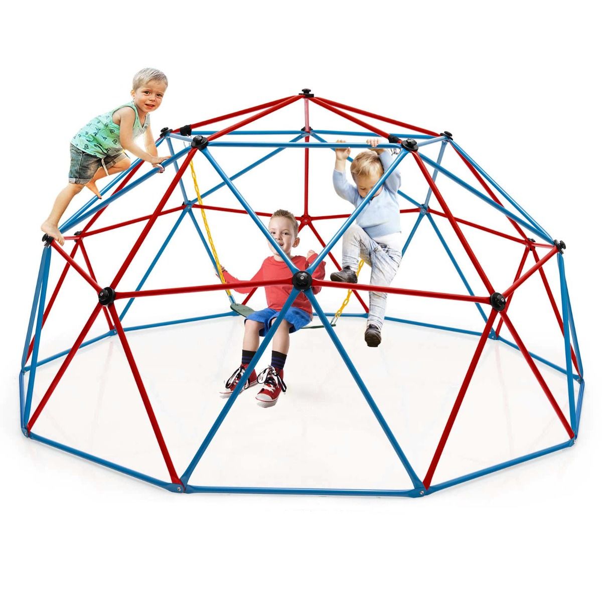 Dôme d'Escalade de 305cm avec Balançoire Cage d'Escalade en Métal Charge Max 363 kg Intérieur Extérieur pour Enfants de 3-10 Ans Jaune/Rouge -