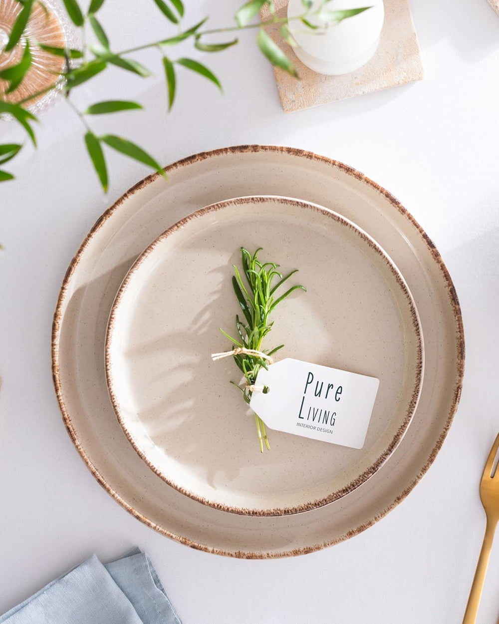 Ensemble Vaisselle en Grès 6 Personnes Rustique 24 pièces - Service de Table Rustique, Lavable au Lave-Vaisselle - Ensemble de Bols et Assiettes - Vaisselle de Table Pure Living en beige