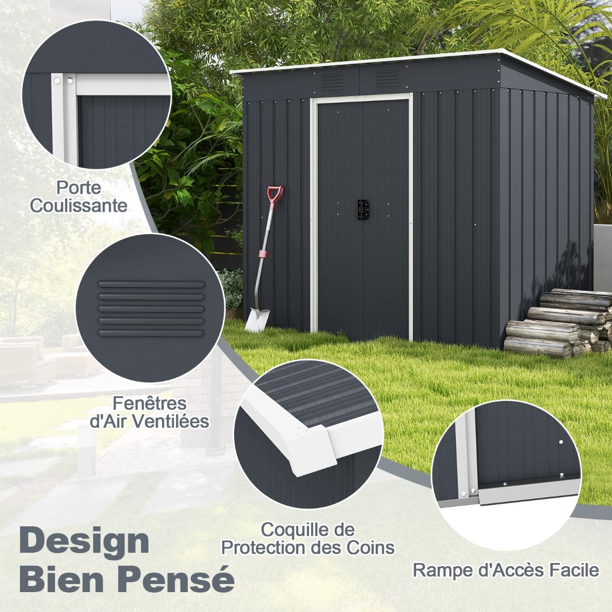 Abri de Jardin Métal 2,4 ㎡ Toit Monopente Cabane de Jardin 2 Portes Coulissantes Verrouillables Fondation 2 Trous d'Aération Gris -