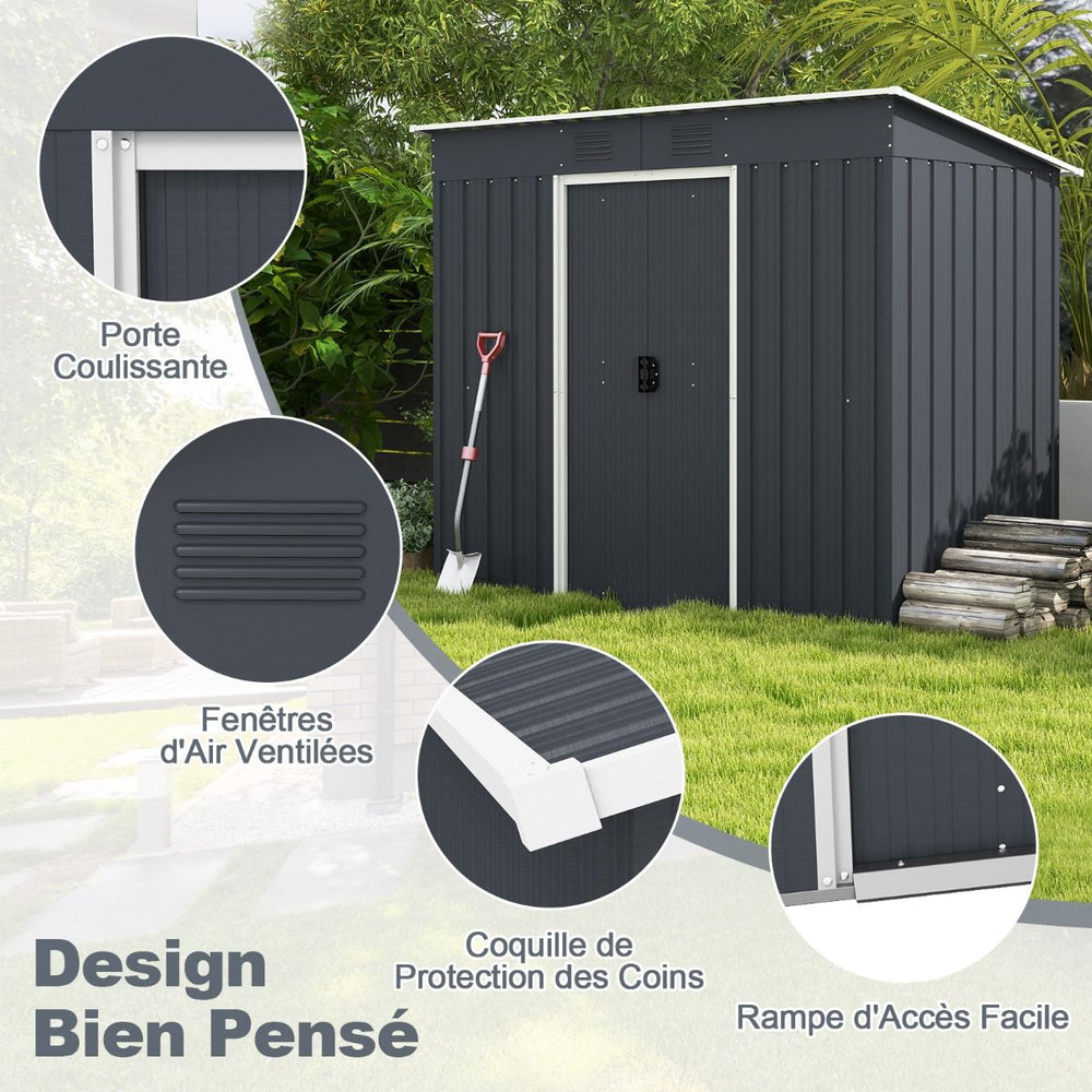 Abri de Jardin Métal 2,4 ㎡ Toit Monopente Cabane de Jardin 2 Portes Coulissantes Verrouillables Fondation 2 Trous d'Aération Gris -