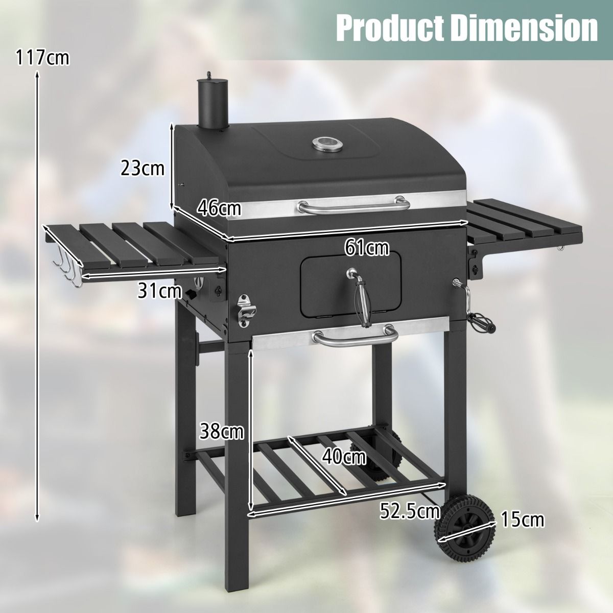 Barbecue  Charbon de Bois Portable avec 2 Tables d'Appoint Noir -