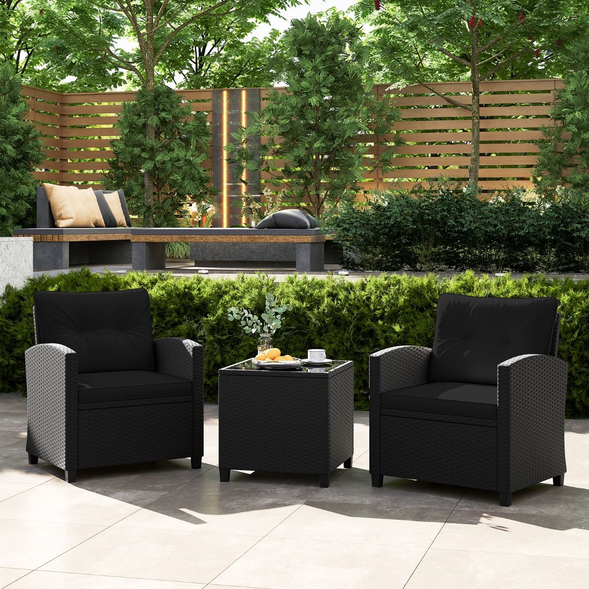 Ensemble de Meubles 3 Pices de Patio en Rotin Charge 180KG Salon de Jardin 2 Fauteuils Table Basse avec Plateau Noir/Beige/Blanc -