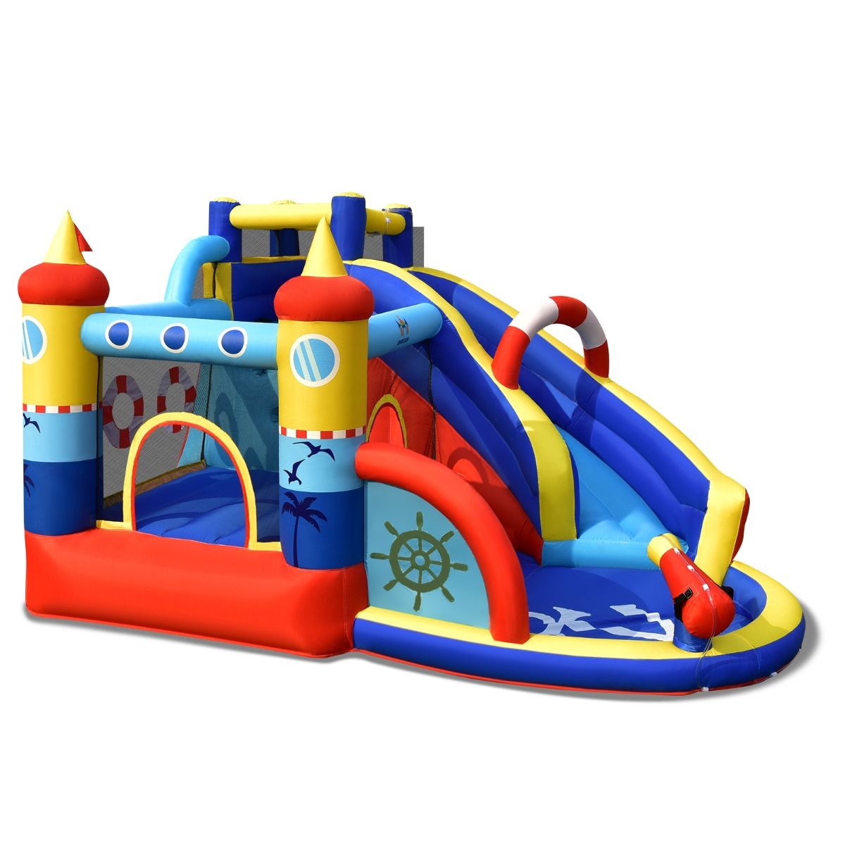 Château Gonflable Style Bateau avec Toboggan Incurvé Zone de Saut Mur d'Escalade Gonfleur non Inclus -