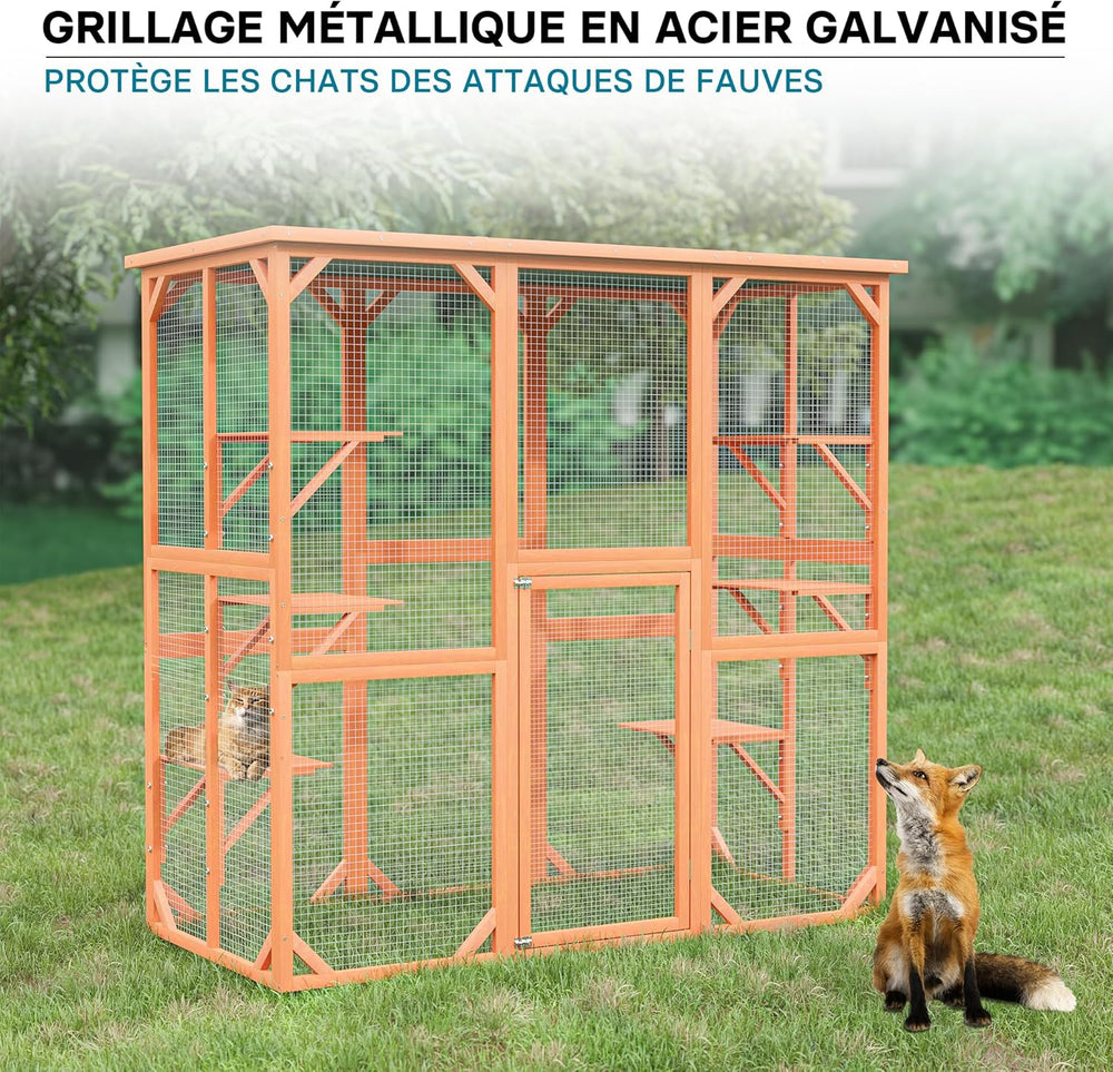 Wiltec Enclos extérieur – 168 x 82 x 166,5 cm – en Bois de Sapin et avec Grillage – Parc pour Chat résistant aux intempéries – avec 6 Zones de Repos – Félins
