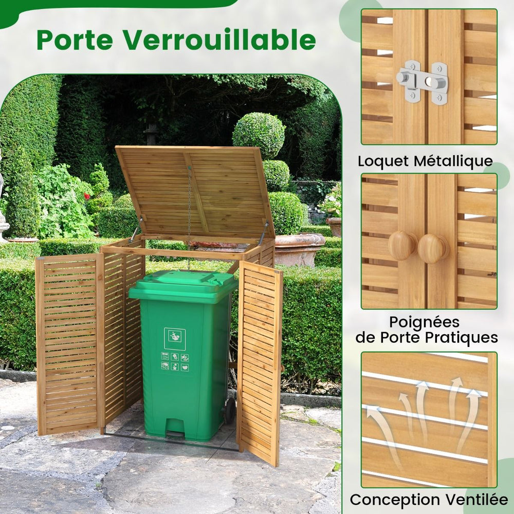 Abri à Poubelle en Bois de 120 L Abri pour Outils d'Extérieur avec Couvercle Ouvrable Doubles Portes Loquet de Verrouillage Naturel -