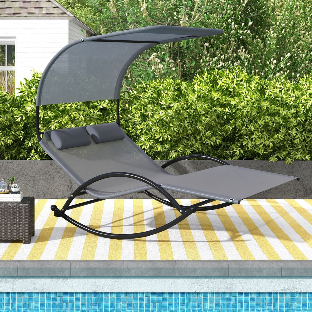 Chaise Longue Double Chaise à Bascule pour 2 Personnes 2 Appui-Têtes Amovibles Cadre en Métal Robuste Lit de Repos Ergonomique 2 Places Gris/Noir/Beige -