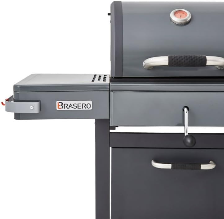 BRASERO - Barbecue Bi-Energy Gun Metal XL - Barbecue Charbon et Plancha 60 x 42 cm à gaz avec brûleur latéral -12,95 KW