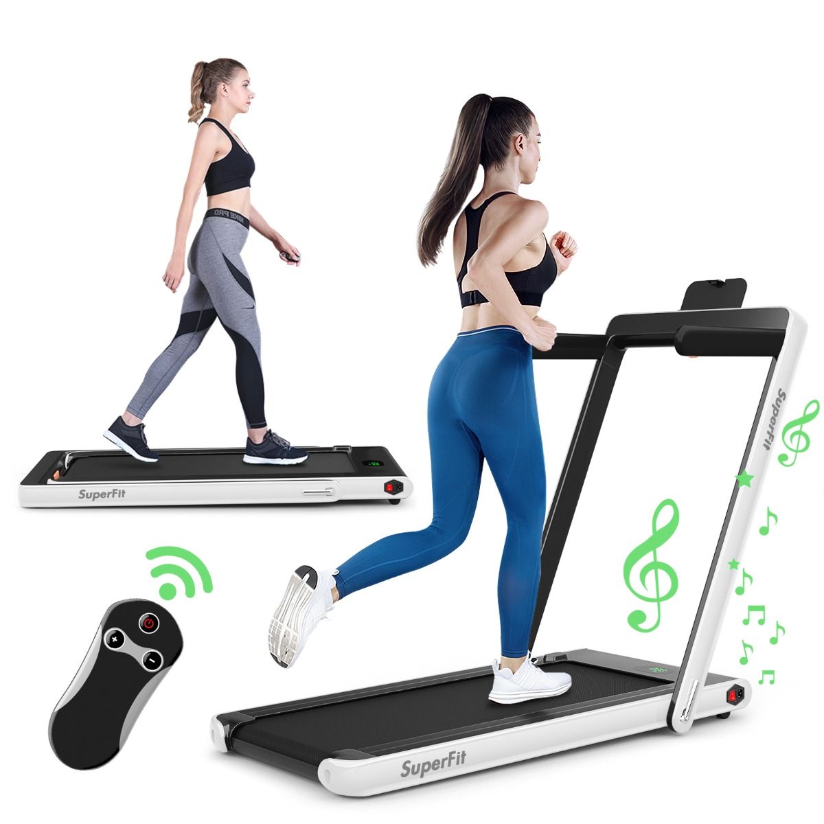 2 en 1 Tapis de Course Electrique Pliable 1 à 12 Km/H avec Haut-parleur Bluetooth Télécommande Moteur 0,75HP Vert/Blanc/Noir/Rouge/Or/Noir et Argenté/Bleu -