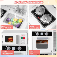 Cuisine de Jeu pour 3 Ans et Plus Jouets de Cuisine en Bois avec Evier Robinet Distributeur d橢au Micro-ondes Four Ustensiles Blanc -