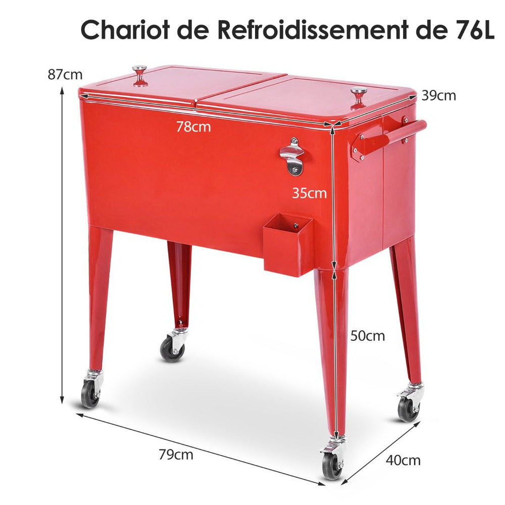 Chariot Isotherme Roulant de 76L Rfrigrant avec Roulettes Universelles Ouvre-bouteille Desserte Jardin pour Conserver Glace et Boissons -