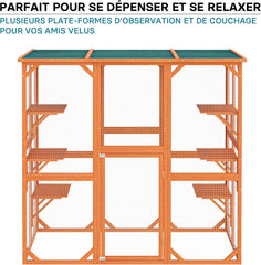 Wiltec Enclos extérieur – 168 x 82 x 166,5 cm – en Bois de Sapin et avec Grillage – Parc pour Chat résistant aux intempéries – avec 6 Zones de Repos – Félins