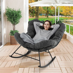 Chaise à Bascule d'Intérieur et d'Extérieur Chaise Papasan Surdimensionnée avec Coussin Rembourré & Cadre en Métal Capacité 205 Kg Gris -