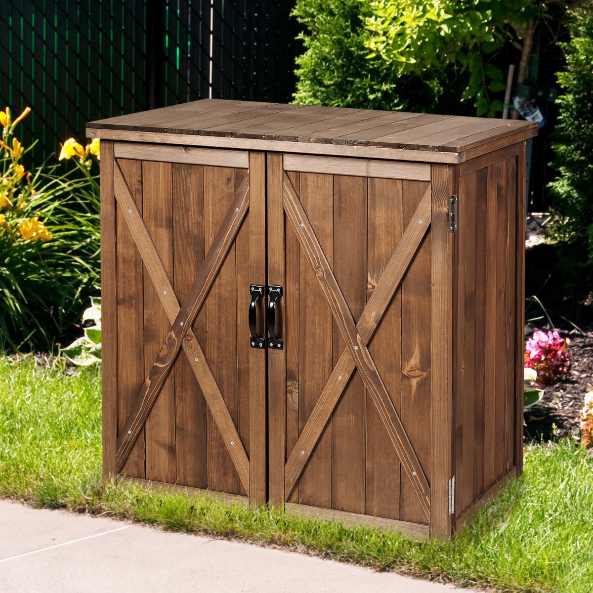 Armoire de Jardin Exterieur en Bois 77,5 x 56 x 72 cm Abri à Outils avec Double Portes Marron -