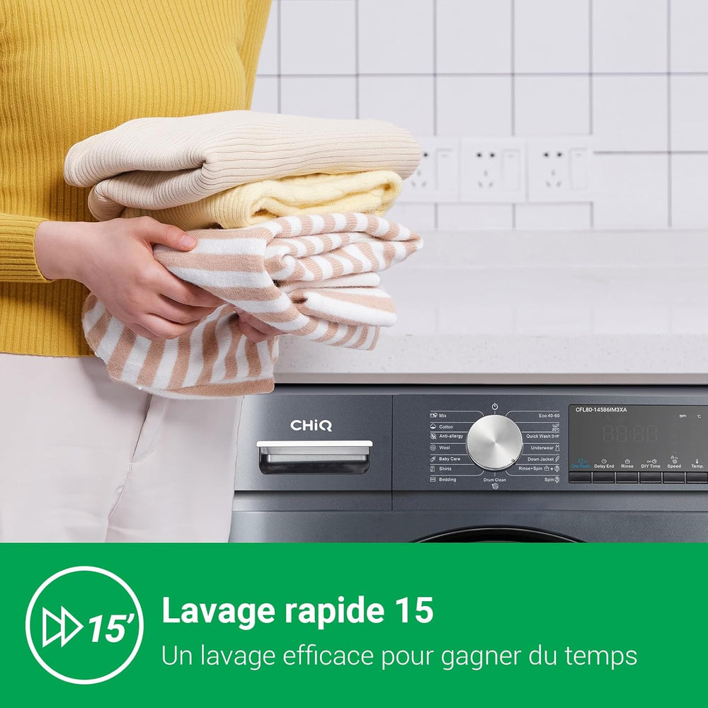 CHiQ Lave-linge CFL80-14586IM3XA, Chargement frontal 8 kg,Space Pro,Moteur Inverter stable, 1400 tr/min, Programme intelligent à IA, Fonction vapeur, Lavage rapide 15 minutes, 15 cycles lavage, Gris